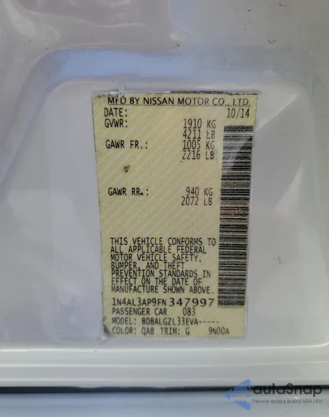 2015 Nissan Altima 2.5 z USA, uszkodzony, nr VIN 1N4AL3AP9FN347997